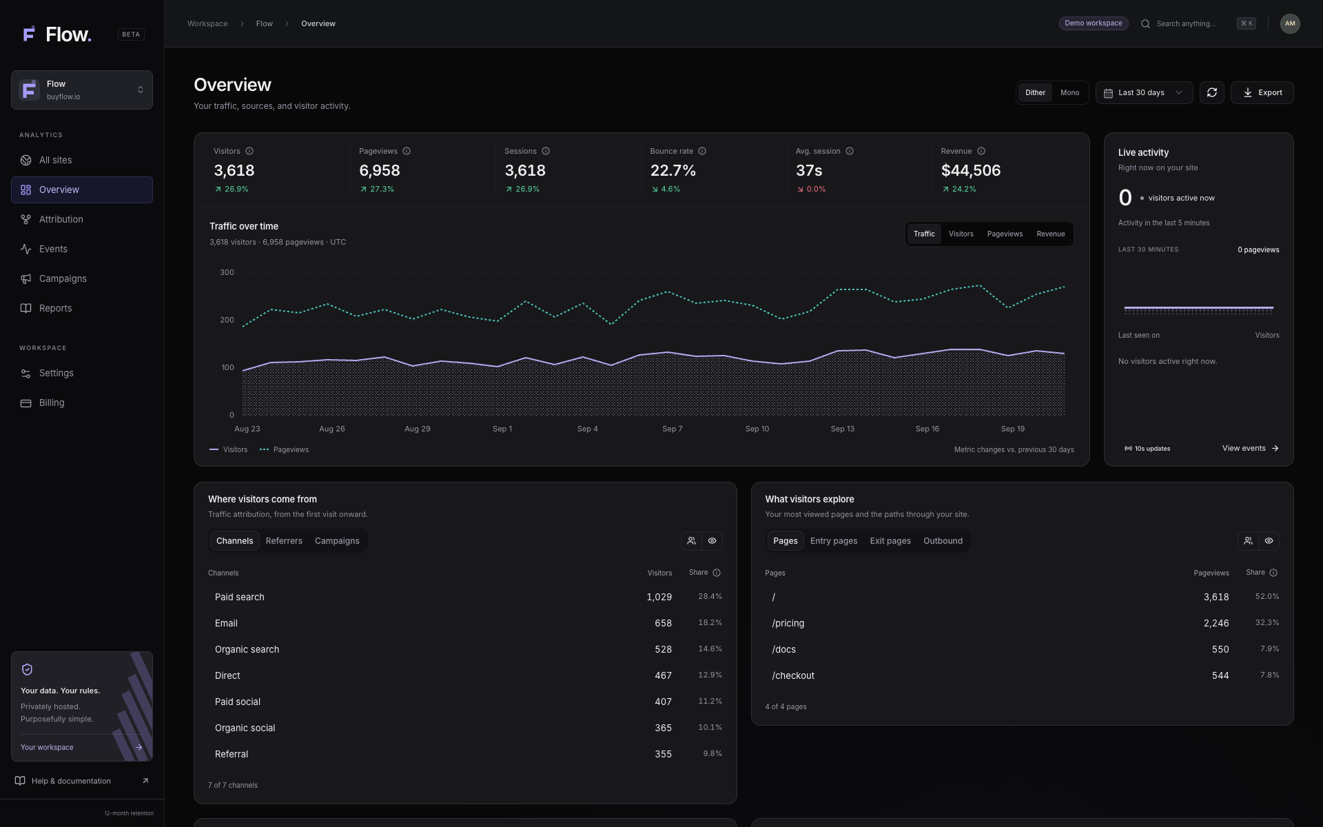 Flow overview with sample visitor, pageview, revenue, and traffic-source reports.
